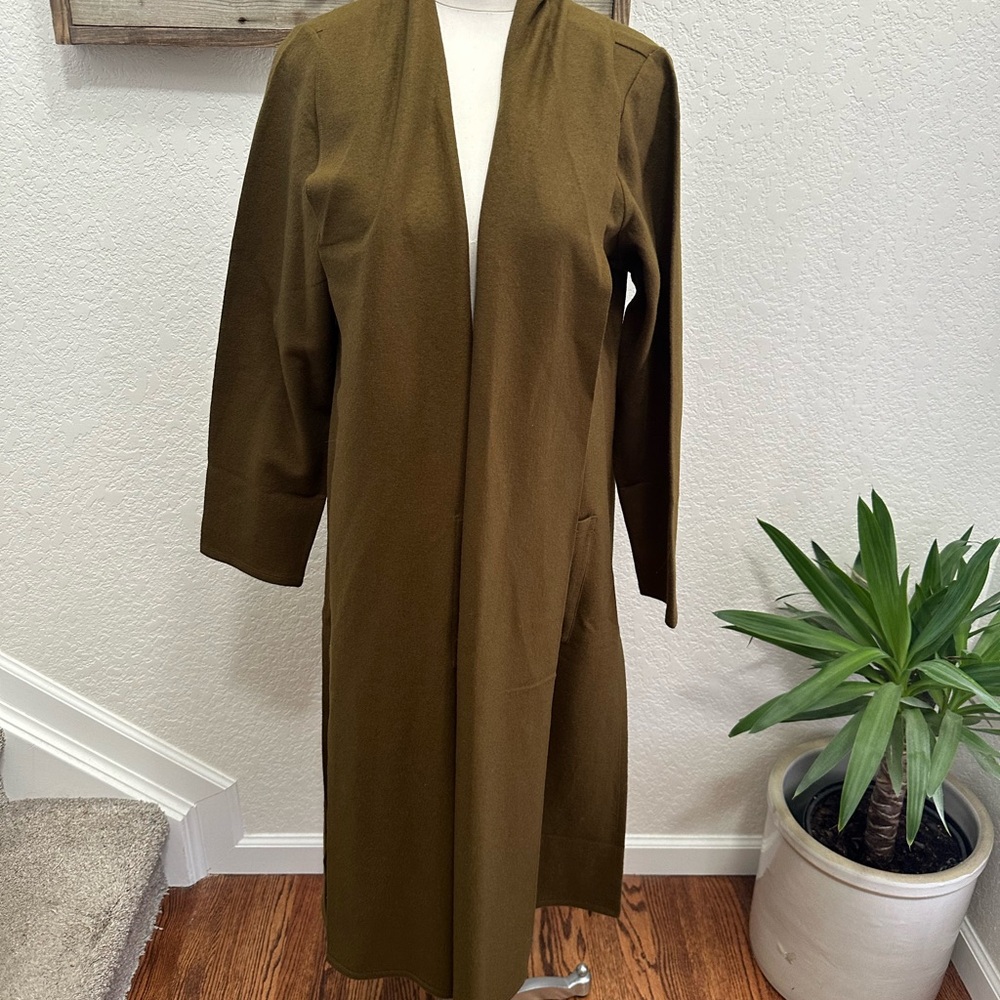 Eileen fisher Olive Green Long Boiled Wool Trench‎ Open Front Coat Large NWT